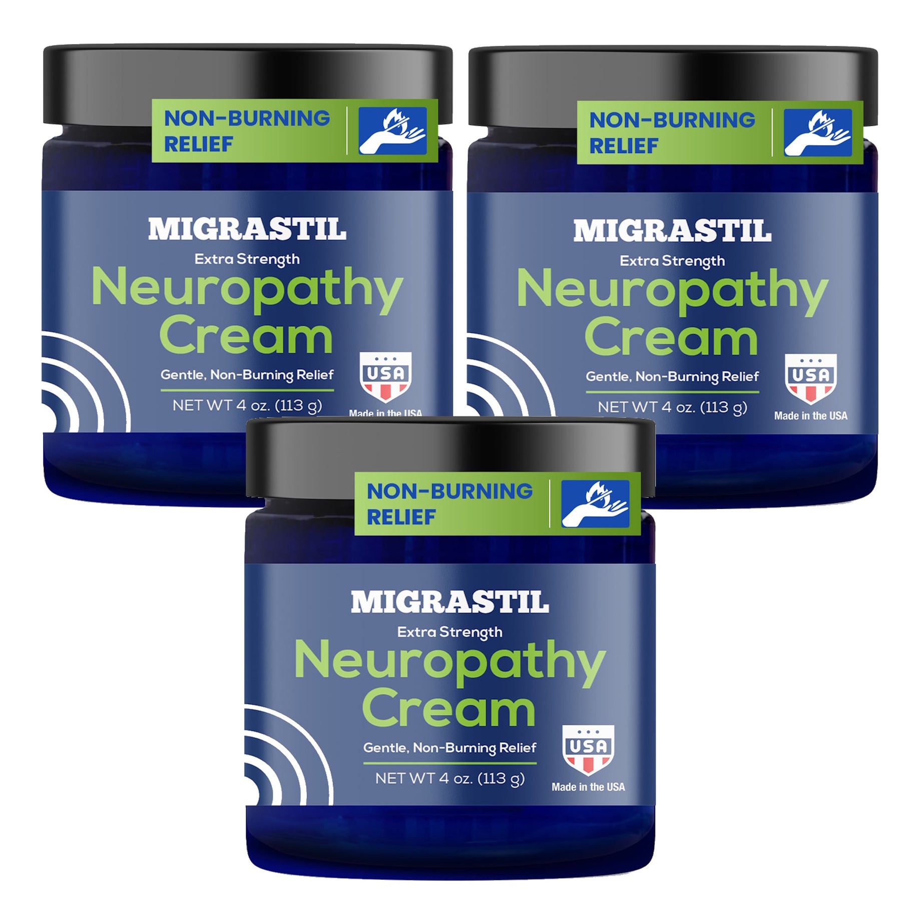 Three jars of Migrastil Extra Strength Neuropathy Cream packaged together as the 3-Pack.